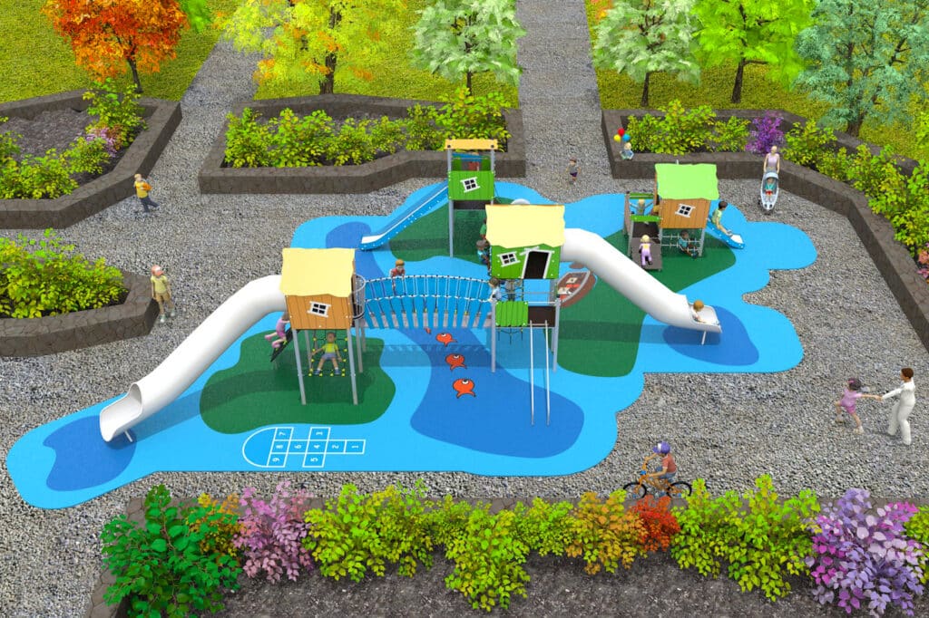 3D ontwerp speelzone met beplanting
