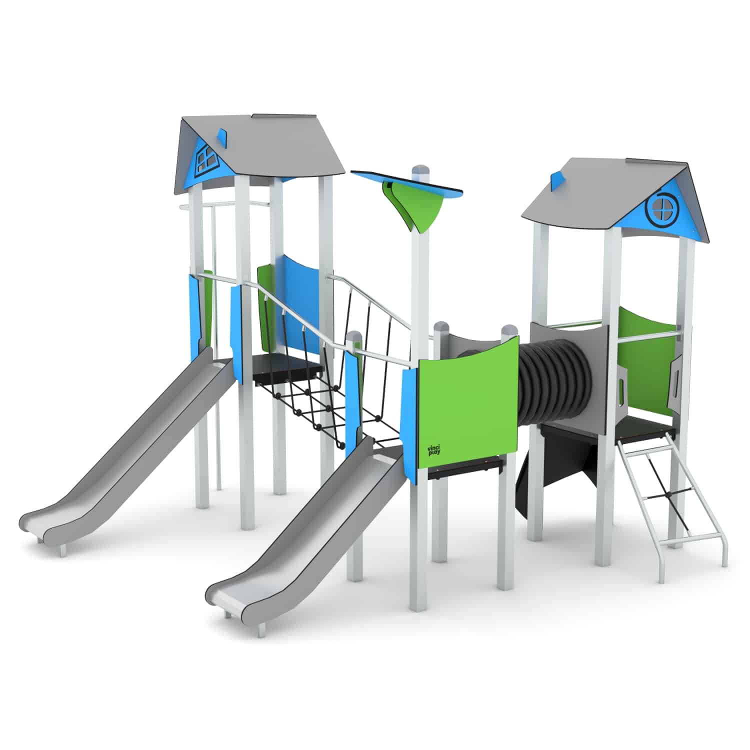 Triple tour de jeux avec tunnel et passerelle suspendue